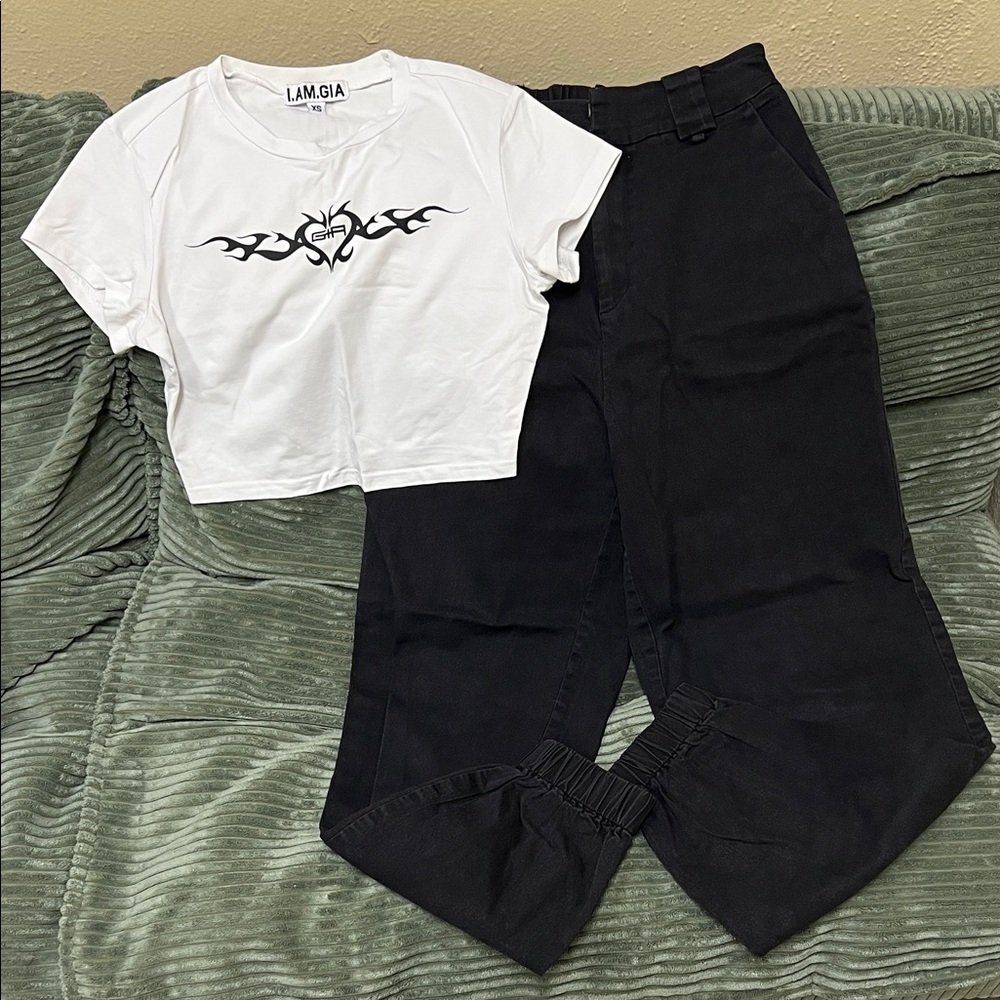 I.AM.GIA White Cropped Tee(XS) with Black Tribal Heart Graphic + pants(S)